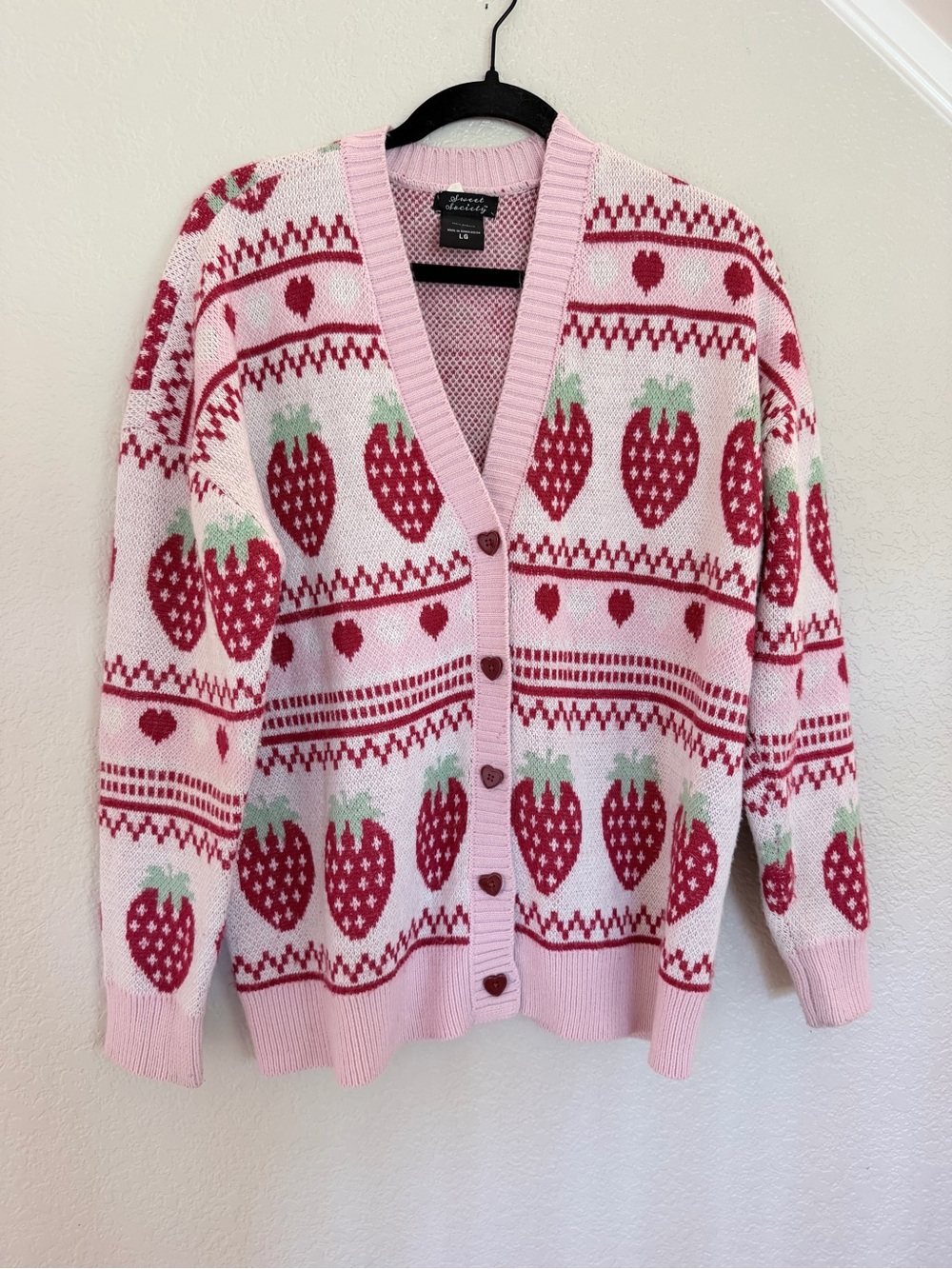 Sweet Society Pink Strawberry Cardigan - Heart Buttons, Size Large
